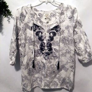 100% Linen White & Blue Top (M)